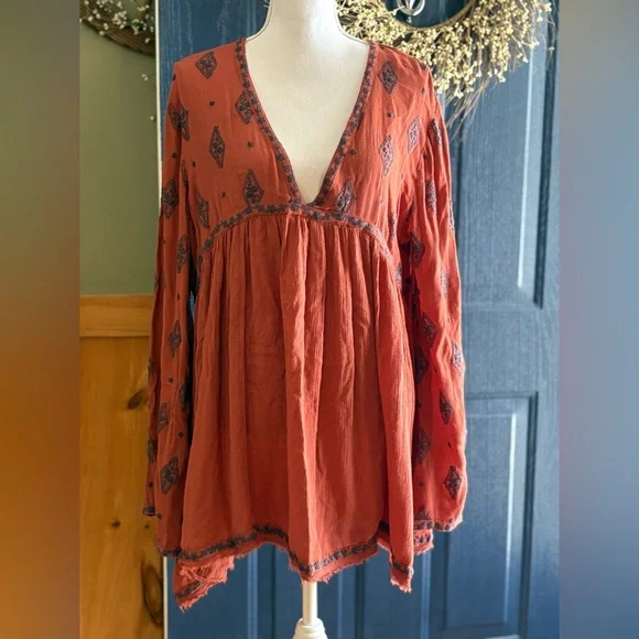 Free People Diamond Embroidered Tunic Top Cinnamon Size Large - Picture 3 of 12